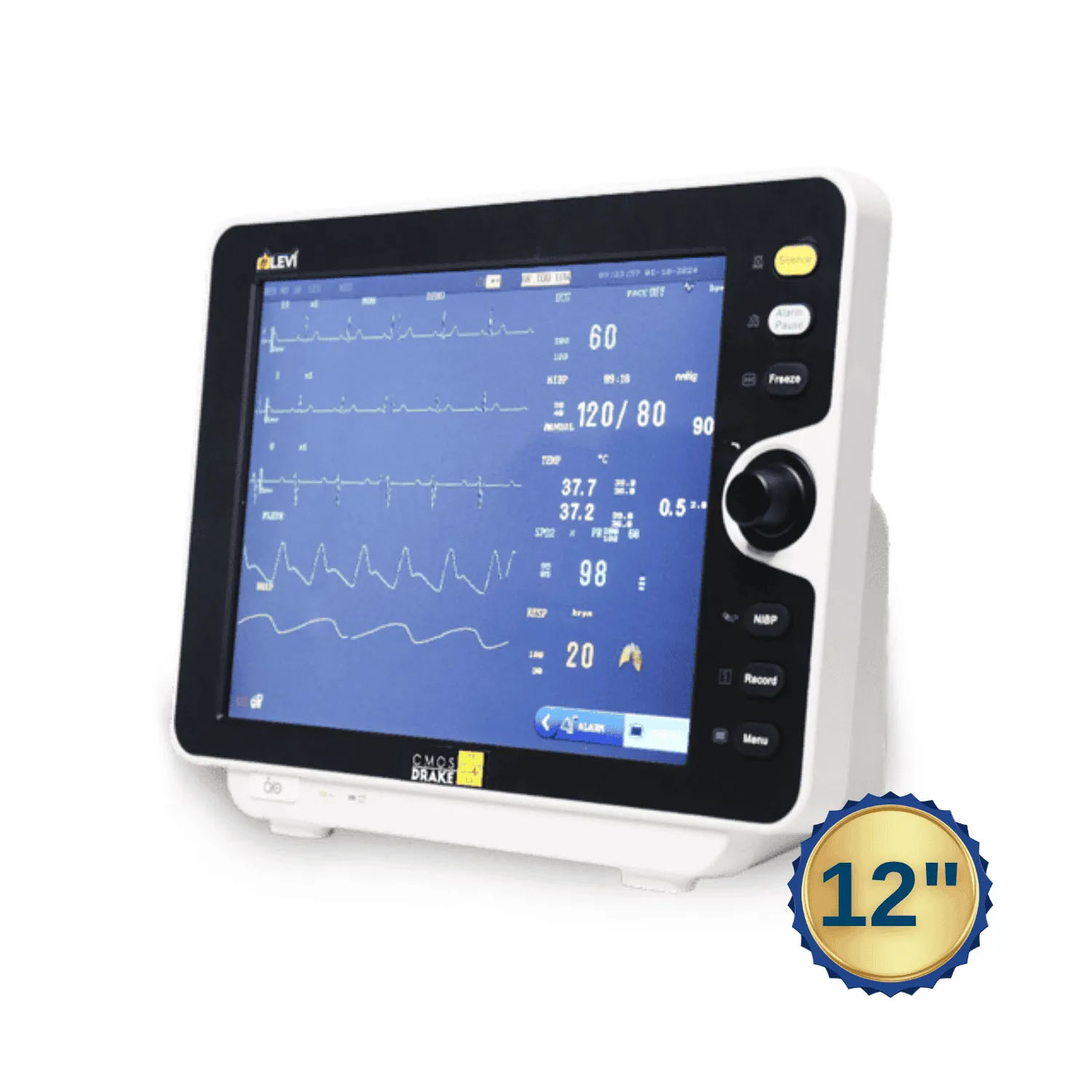 Monitor Multiparamétrico Leví 12" - Pré-Configurado (ECG/SPO2/PNI/RES E TEMP) - CmosDrake